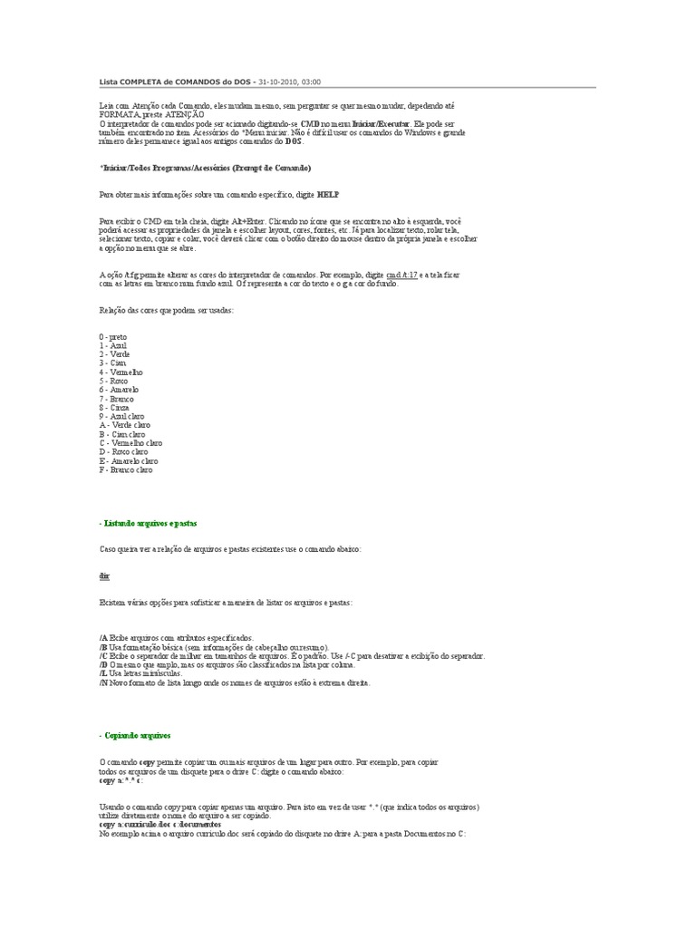 Lista Completa de Comandos Do Dos | PDF | Microsoft Windows | Arquivo ...