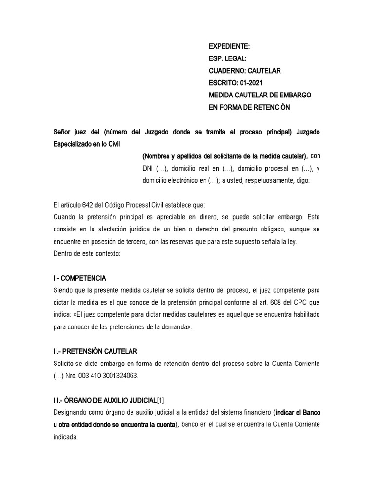 Modelo de Medida Cautelar de Embargo en Forma de Retención | PDF