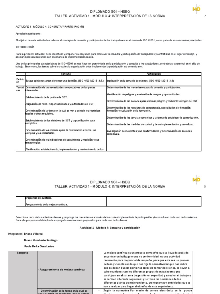 1 Taller Iso 45001 Participación Consulta Pdf Planificación Business
