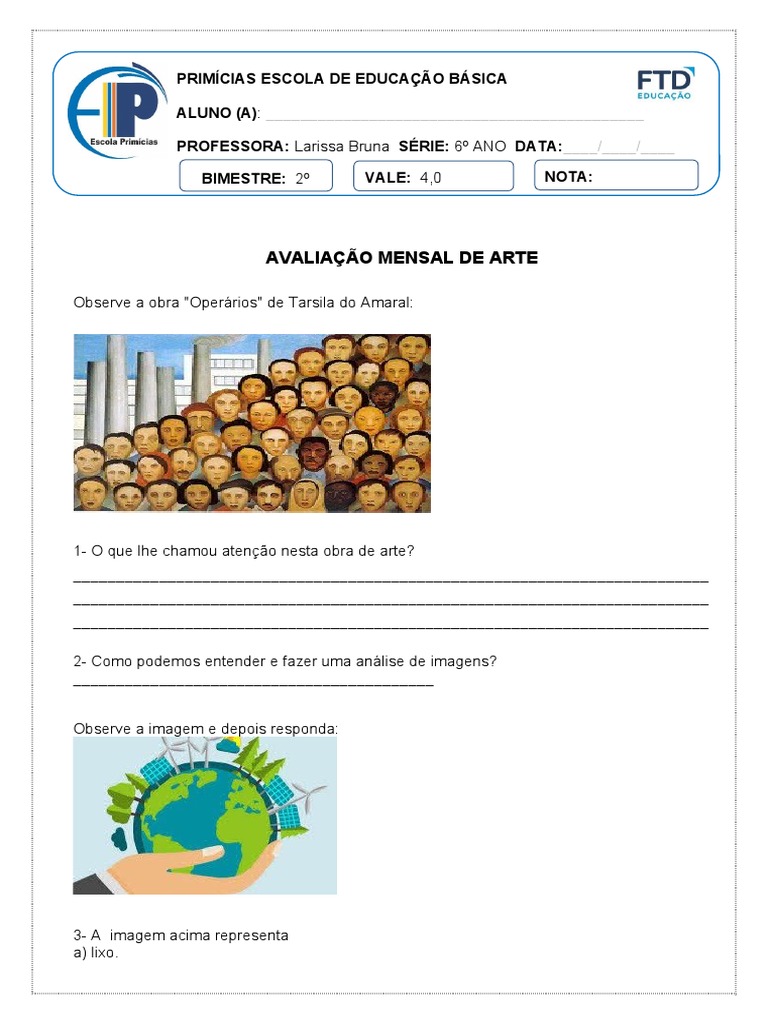 Avaliação de Arte 6 Ano | PDF | Vincent Van Gogh | Pinturas