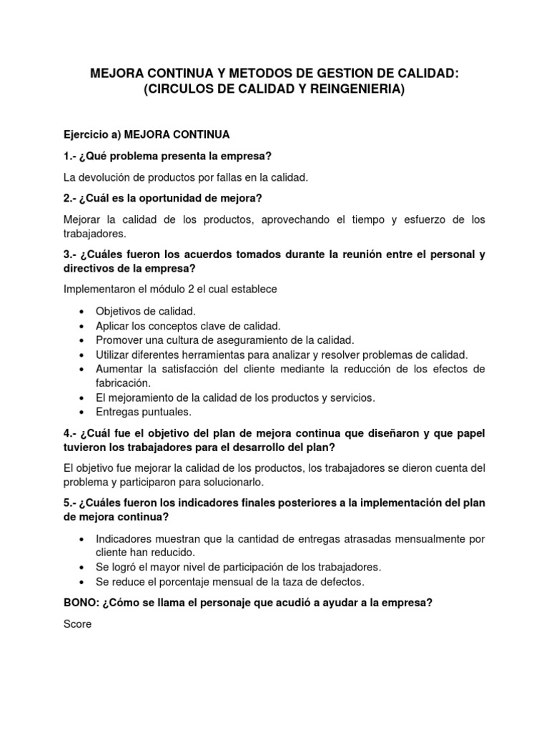 Mejora Continua y Metodos de Gestion de Calidad | PDF