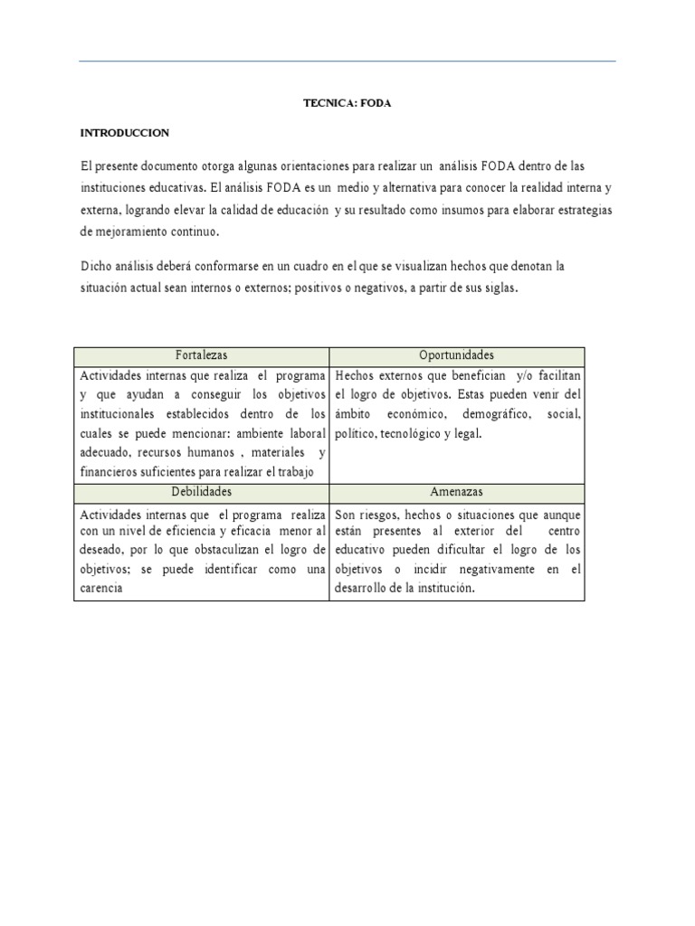 Análisis FODA en Instituciones Educativas | PDF | Análisis FODA ...