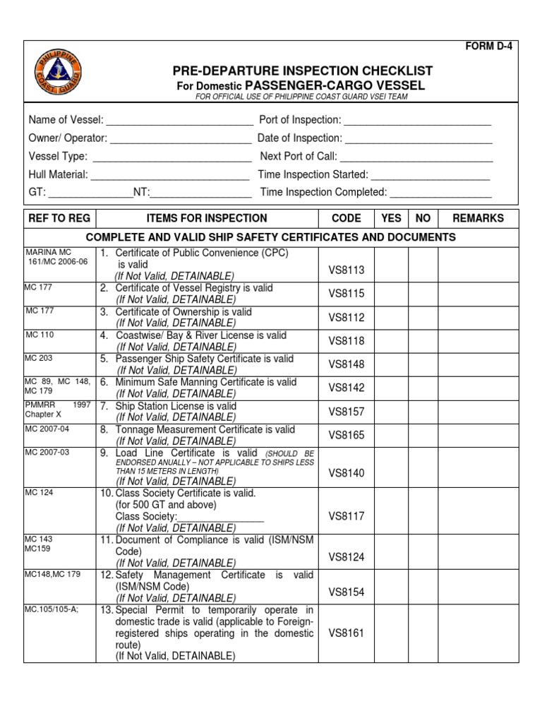 Pre-Departure Inspection Checklist | PDF | Ships | Transport