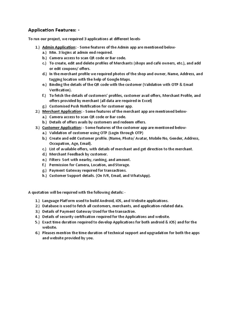Application Features and Development Quotation | PDF