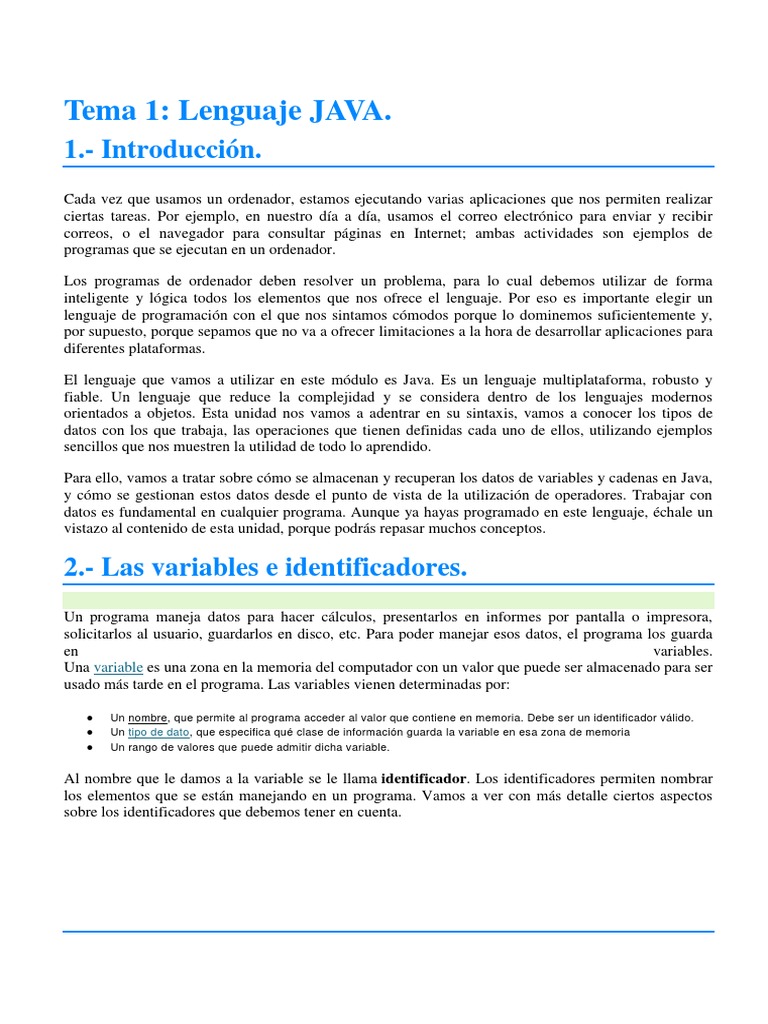 Introducción al Lenguaje Java | PDF | Lenguaje de programación | Tipo ...