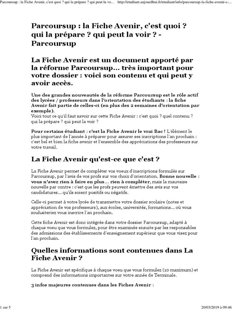 Parcoursup La Fiche Avenir, C