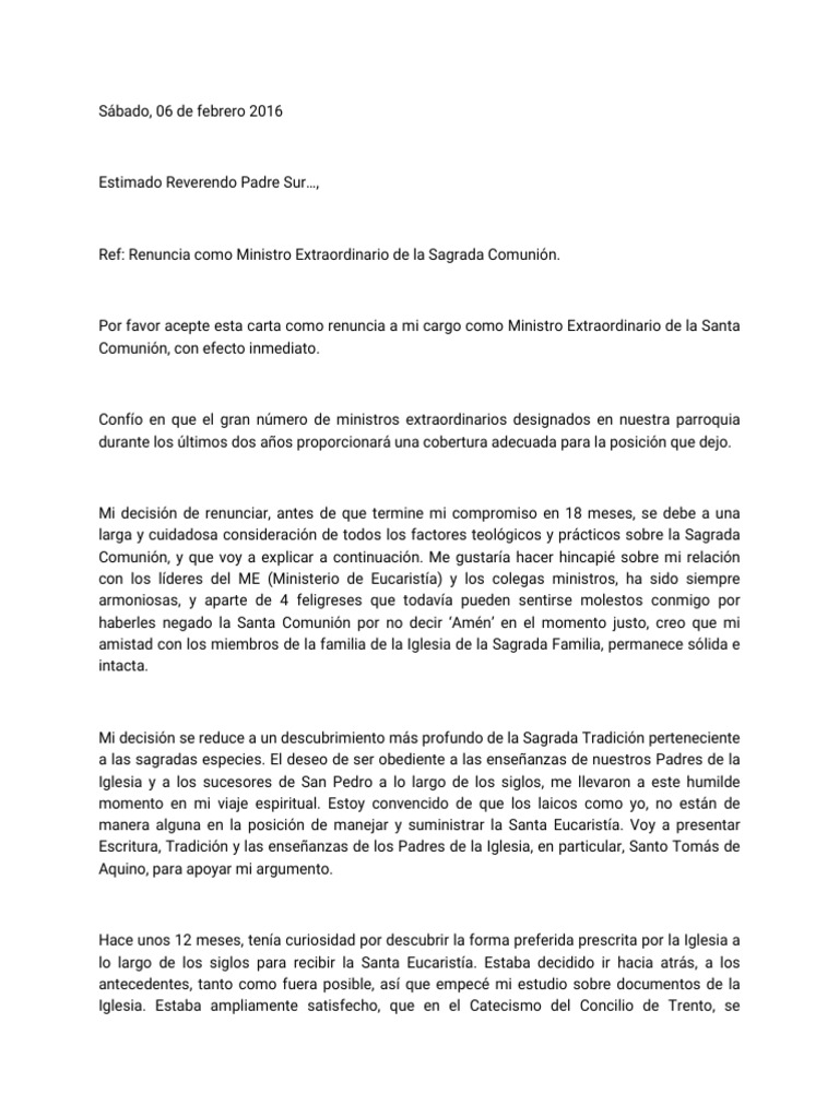 Carta de renuncia de un ministro extraordinario de la sagrada