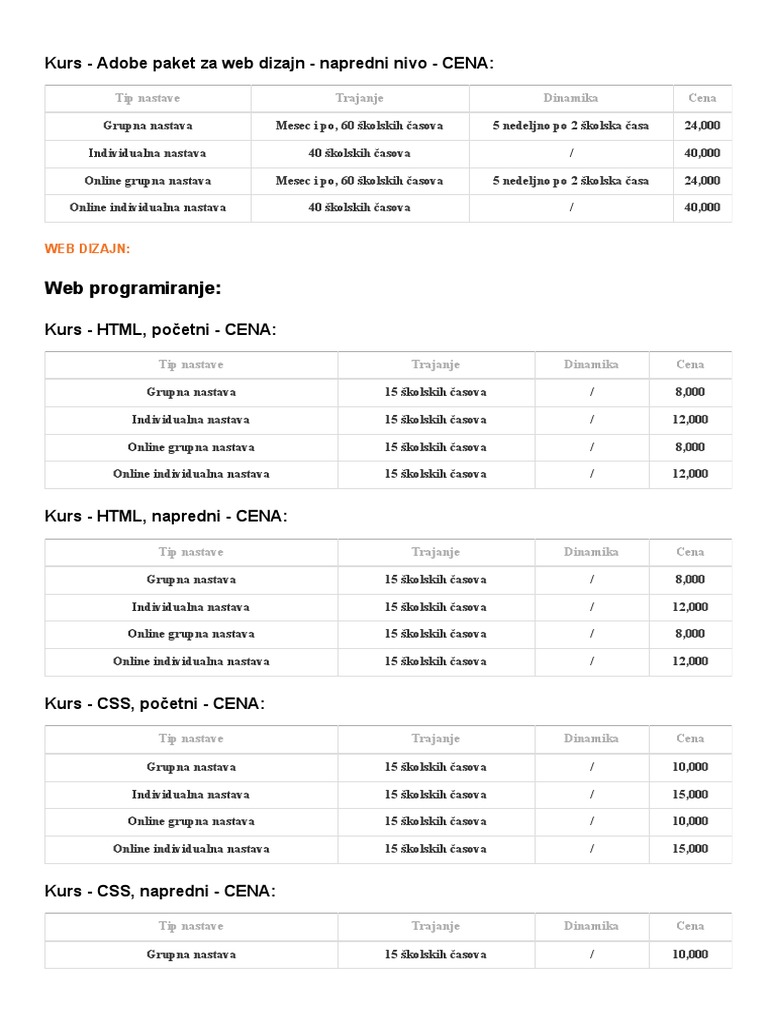 Cenovnik Kurseva I Obuka Novi Sad Akademija Oxford PDF