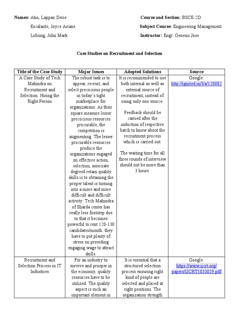 Engineering Management Case Studies PDF Recruitment Human Resources