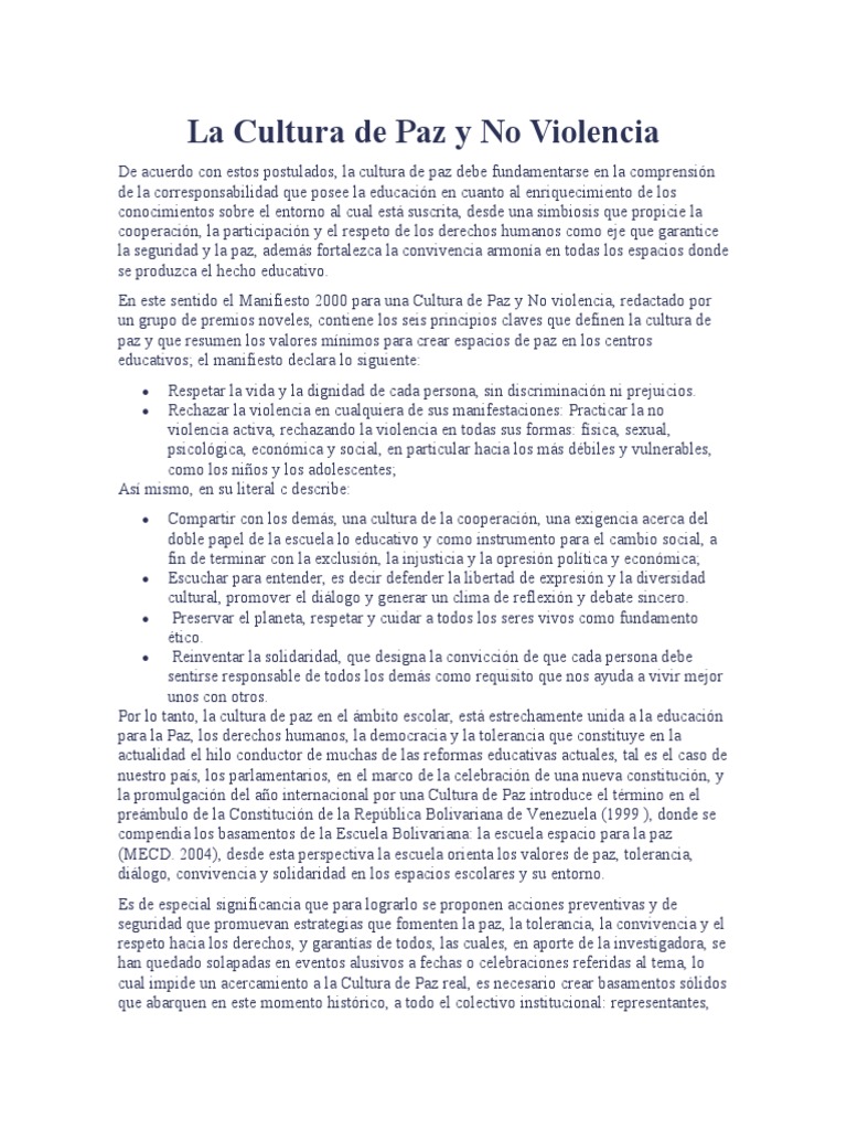 Cultura de Paz y No Violencia Escolar | PDF | Paz | Violencia