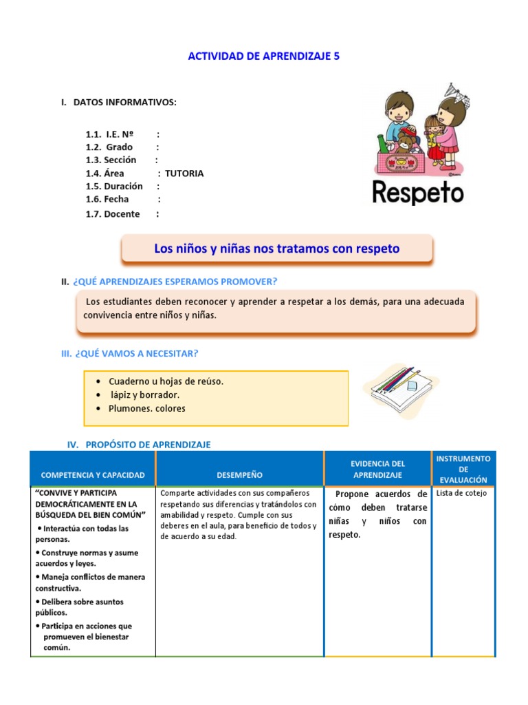 Actividad de Tutoria: Respeto Infantil | PDF | Evaluación