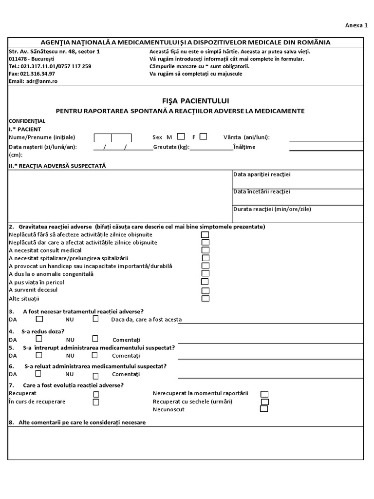 Fisa Pacientului Pentru Raportarea Reactiilor Adverse La Medicamente | PDF
