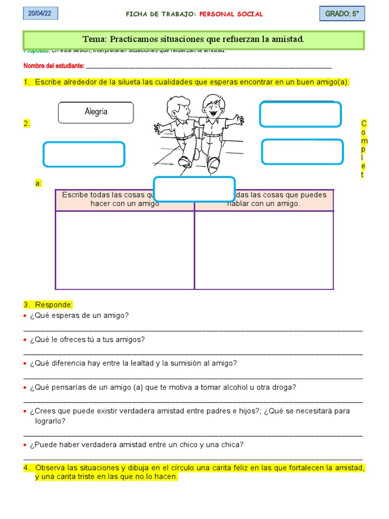 Ficha de Trabajo sobre la Amistad en Primaria | PDF