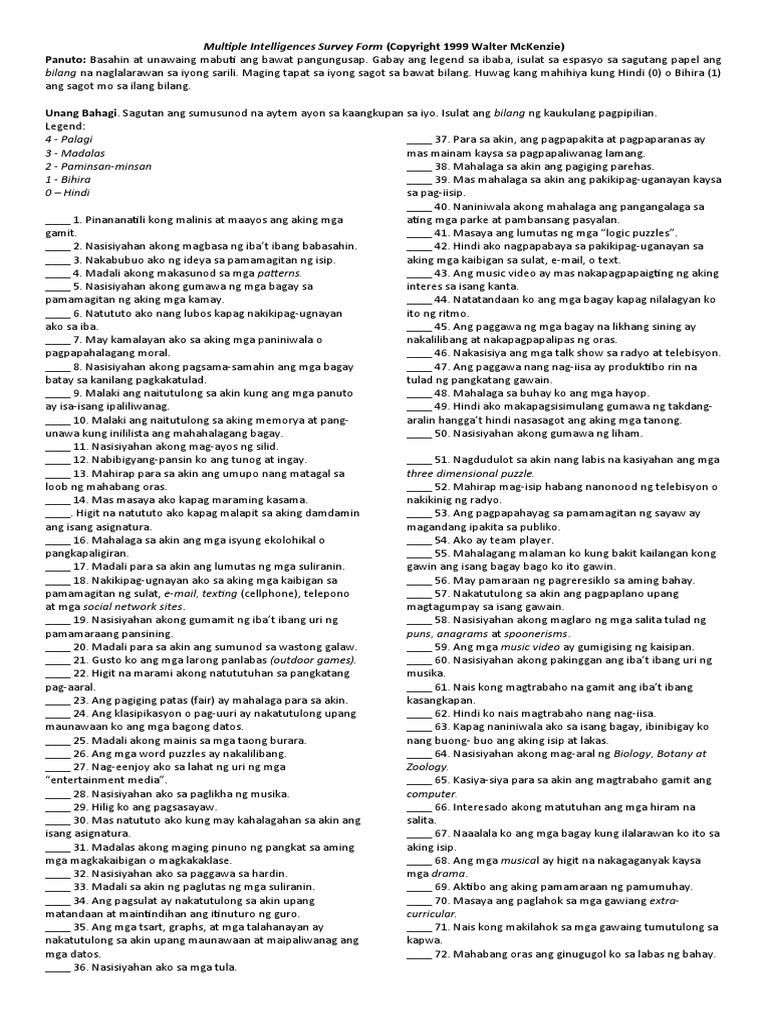 Multiple Intelligences Survey Form PDF