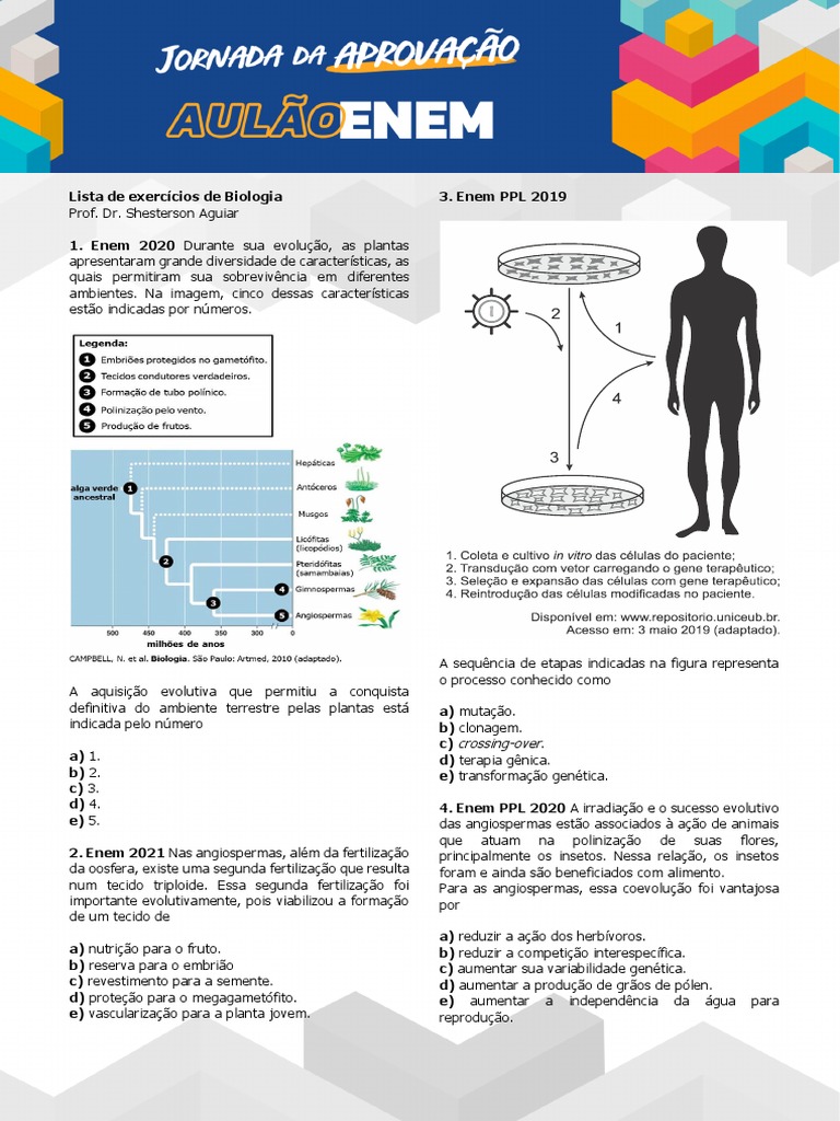 Lista de Exercícios - Biologia Prof. Shesterson (Aulão ENEM 2022) | PDF ...