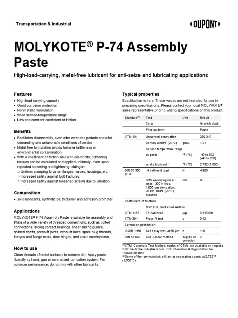 MOLYKOTE P-74 Assembly Paste 10-929B-01 | PDF | Lubricant | Screw