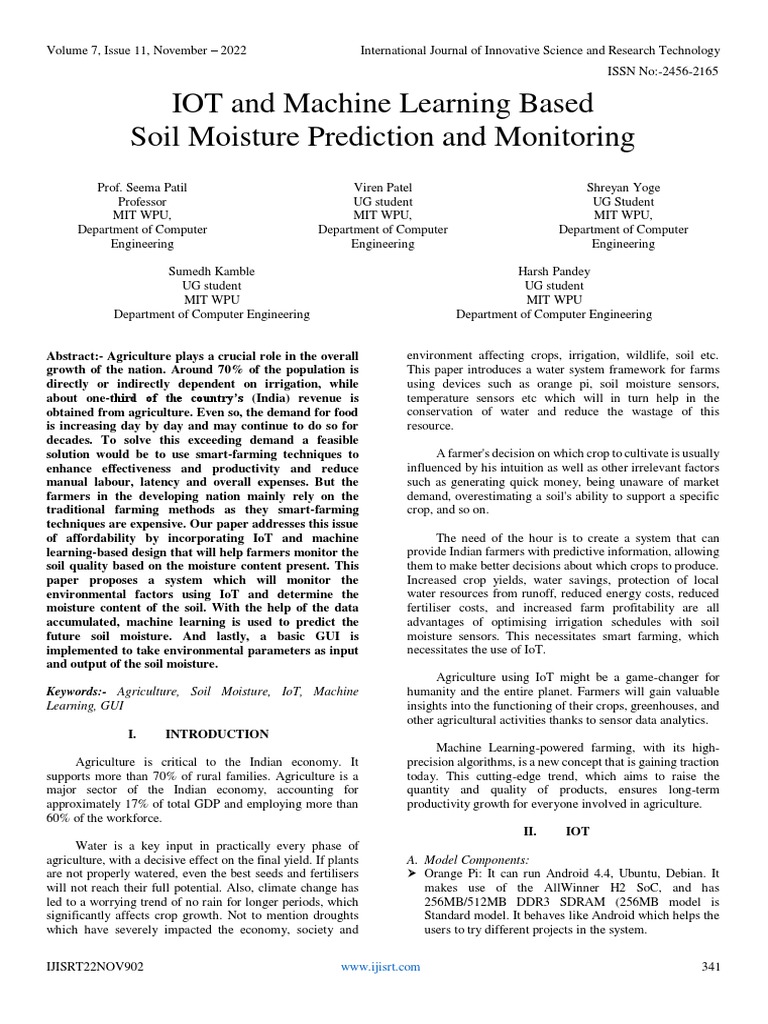 IOT and Machine Learning Based Soil Moisture Prediction and Monitoring ...