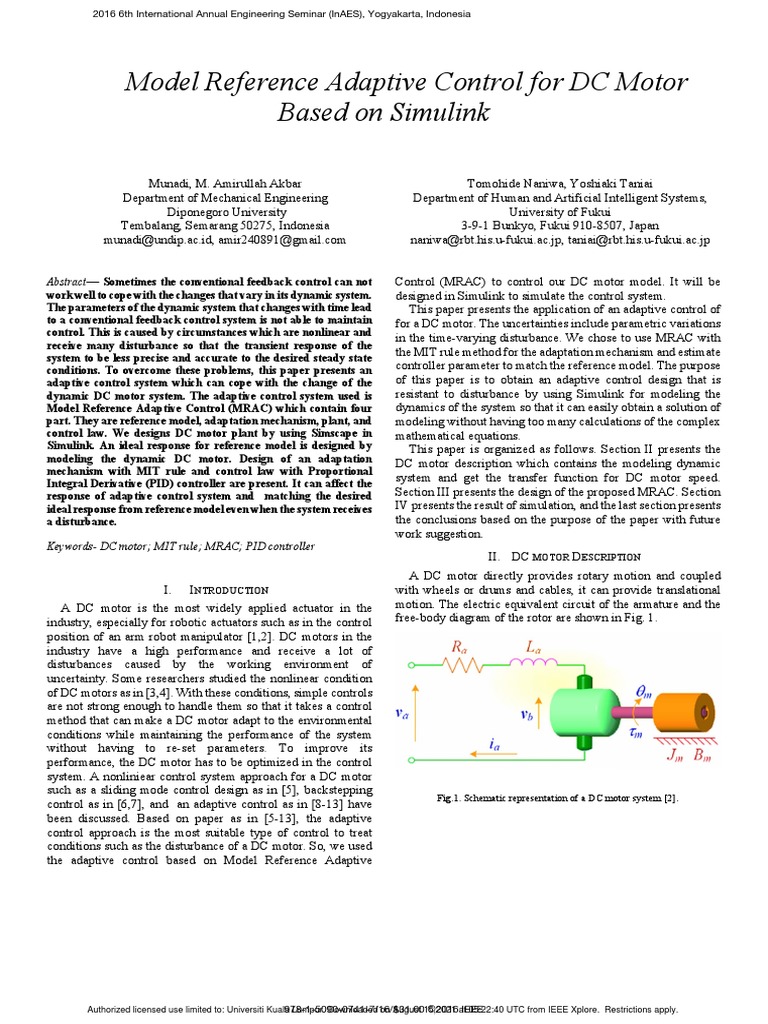 Model Reference Adaptive Control For DC Motor Based On Simulink | PDF