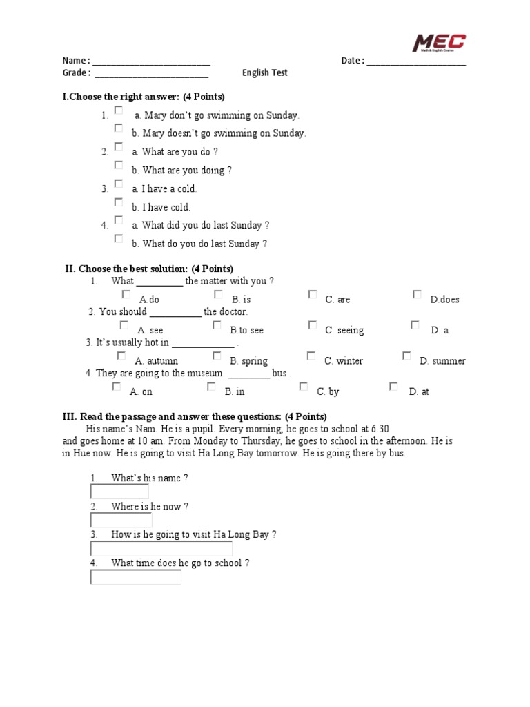 5th Grade English Test | PDF