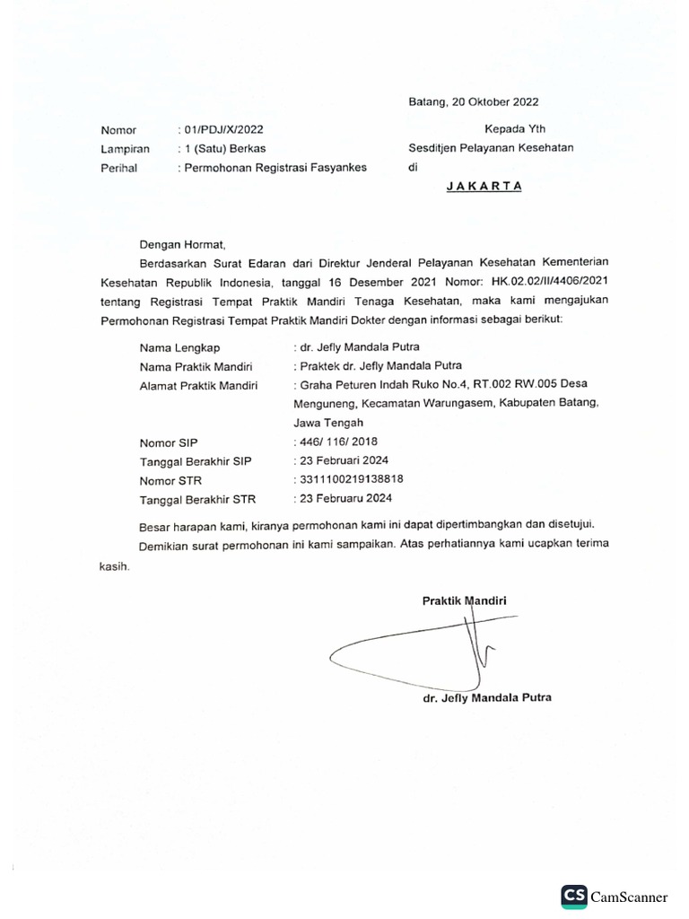 Surat Permohonan Registrasi Fasyankes  PDF