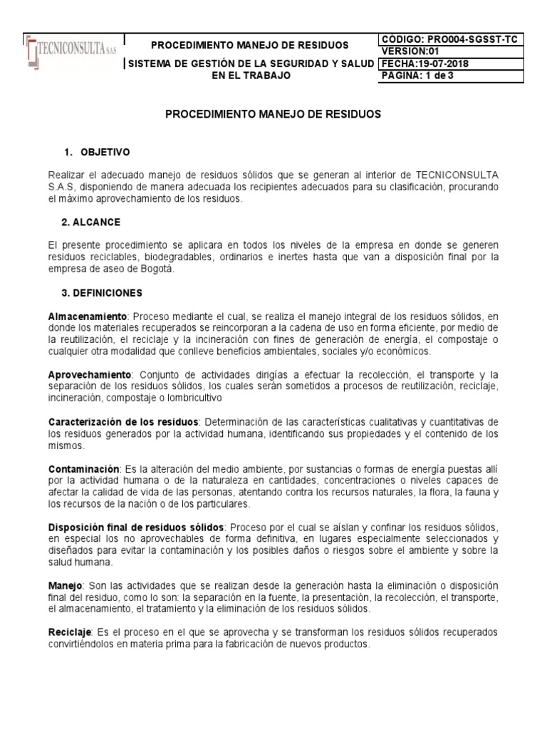 Procedimiento Manejo de Residuos | PDF