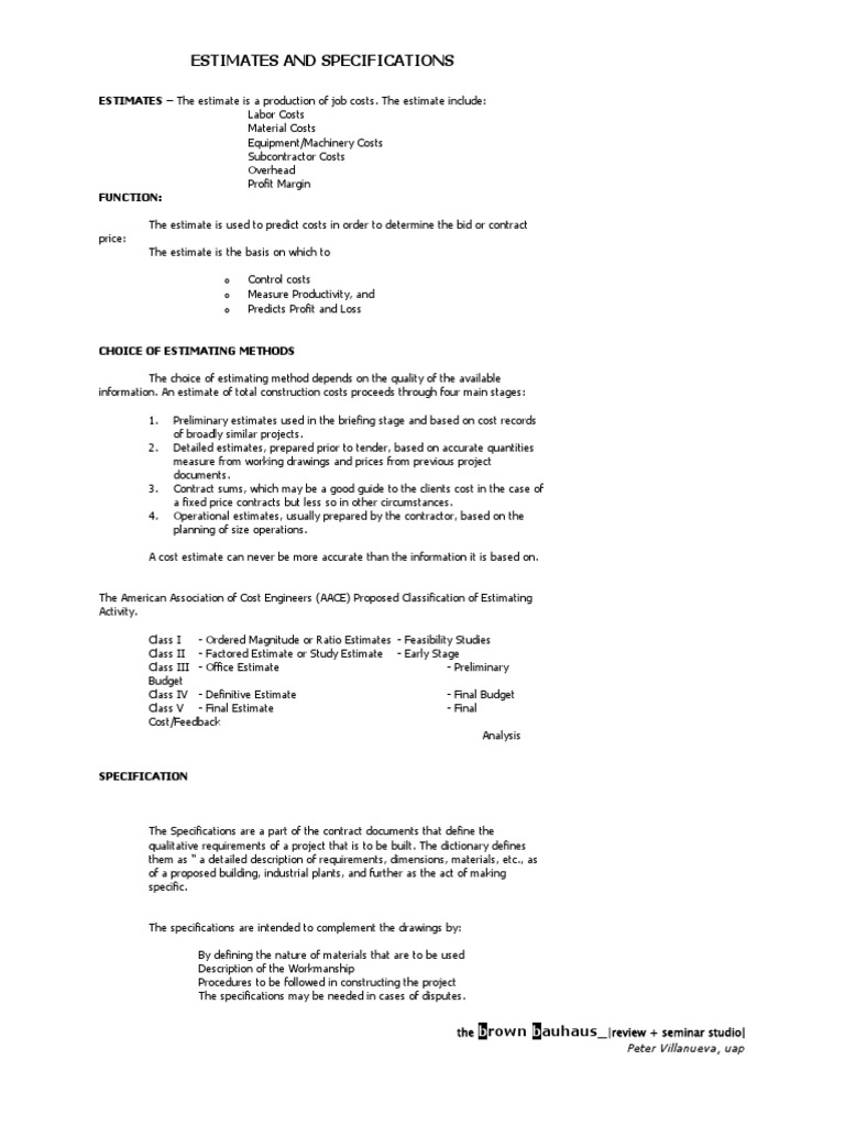 Cost Estimation and Specification Guide | PDF | Specification ...