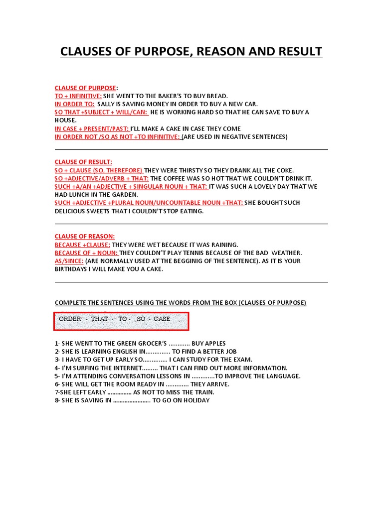 clauses of reason and result übungen klasse 7