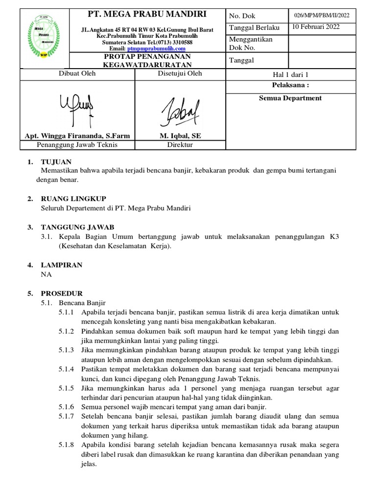 Protap Kegawatdaruratan PT Mega Prabu | PDF