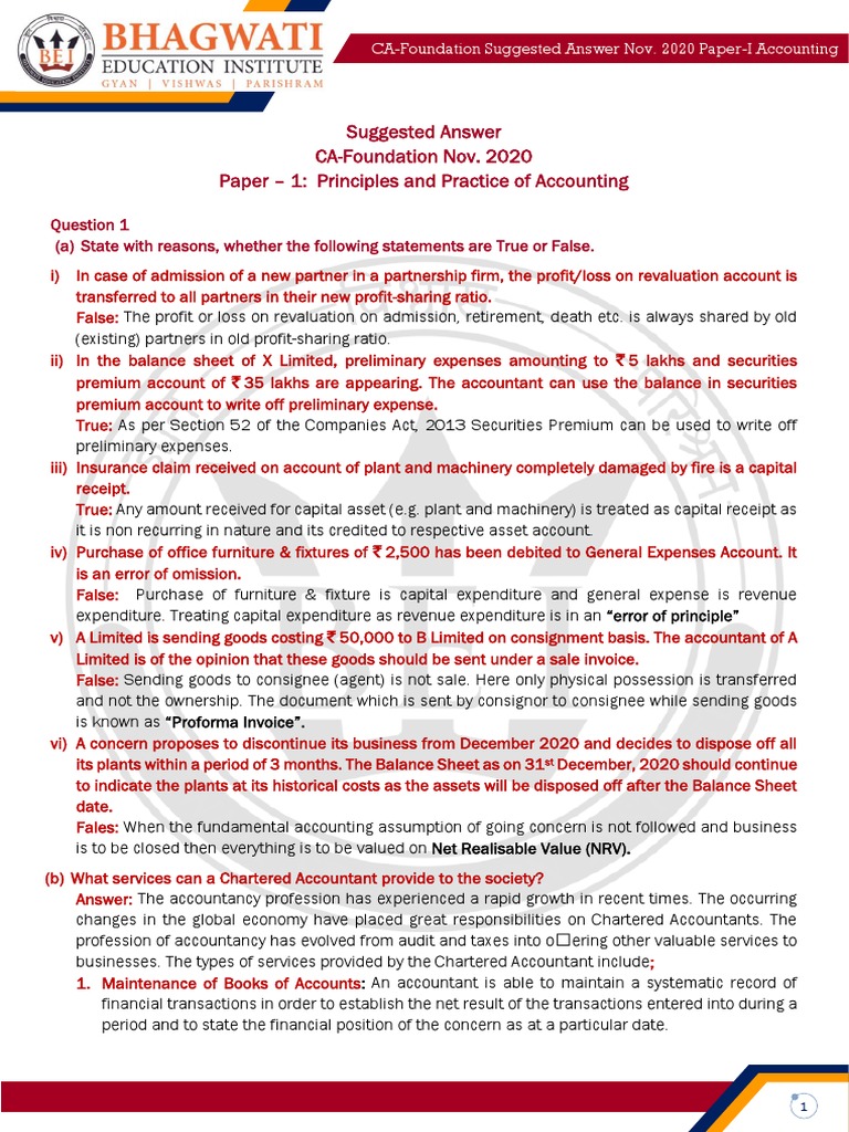 Suggested Answer Ca Foundation Nov 2020 Paper 1 Principles And
