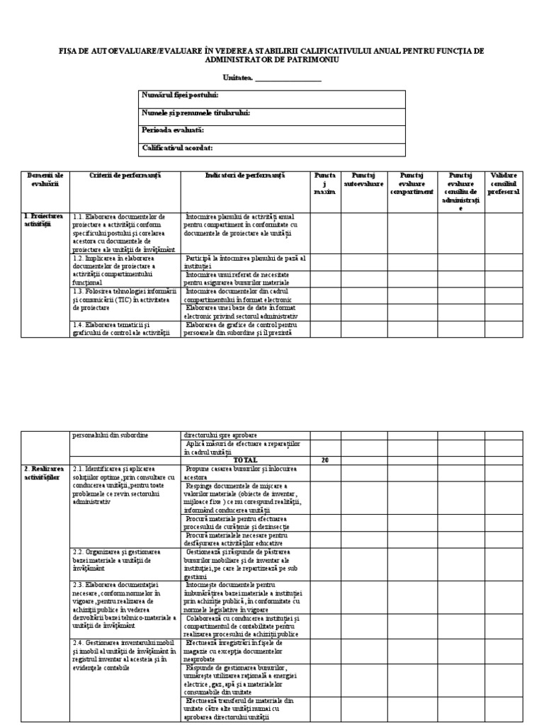 Fisa Cadru de Autoevaluare Personal Auxiliar Administrator Patrimoniu | PDF