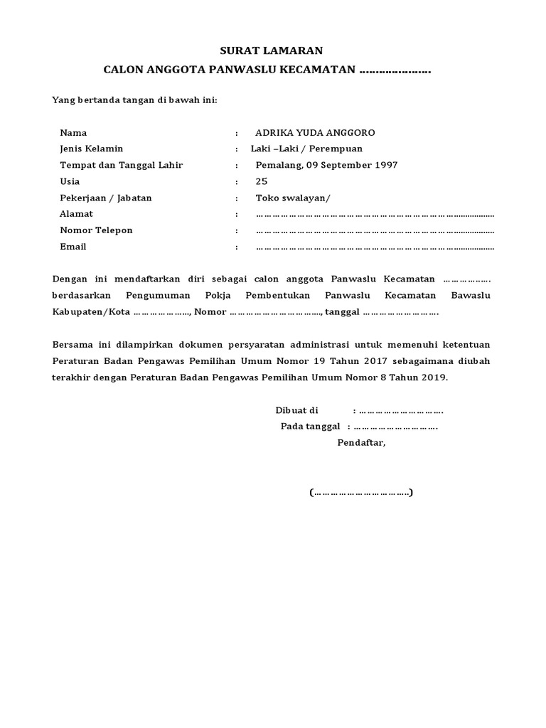 Surat Lamaran Panwascam 2024 | PDF