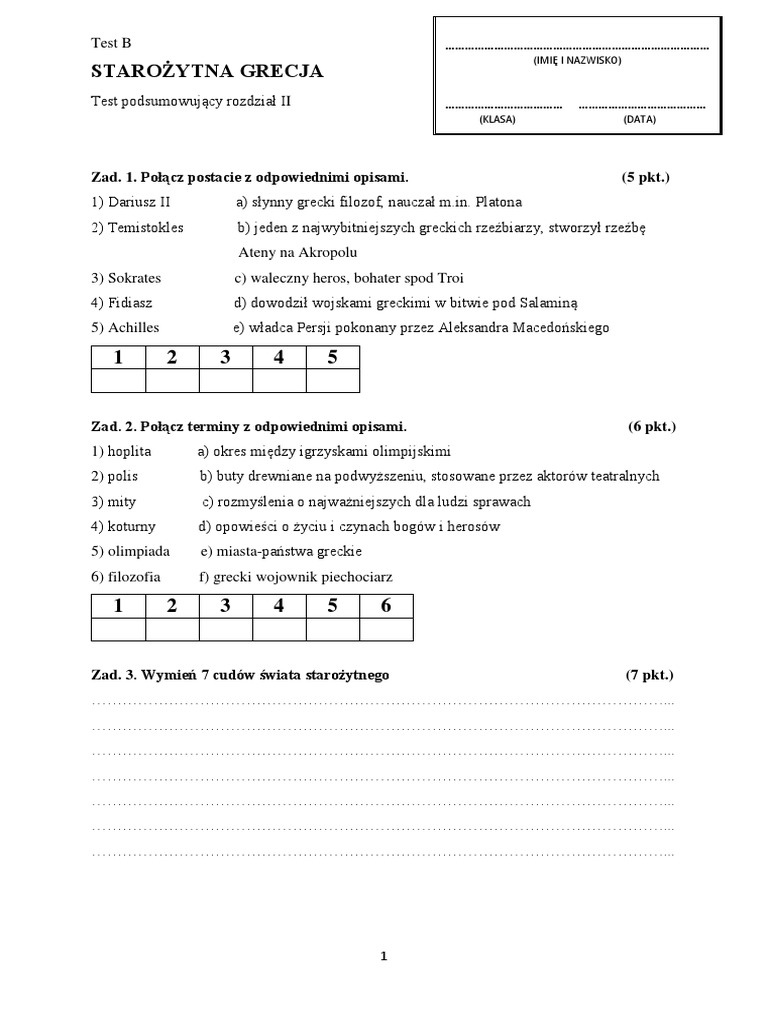 Test Starożytna Grecja Klasa 5