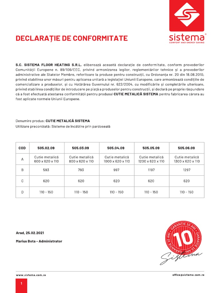 Cutie Metalica - Declaratie de Conformitate | PDF