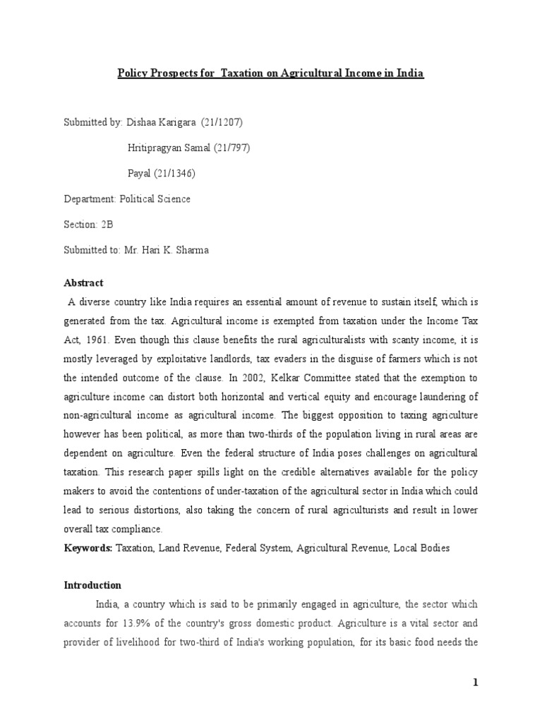 Research Paper-Policy Prospects For Taxation On Agricultural Income in ...