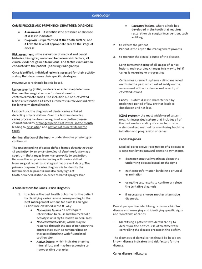 Caries Process and Prevention Strategies Diagnosis PDF Tooth Enamel