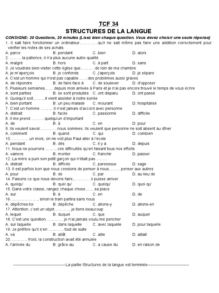 Structures de langue TCF : Questions 18 | PDF