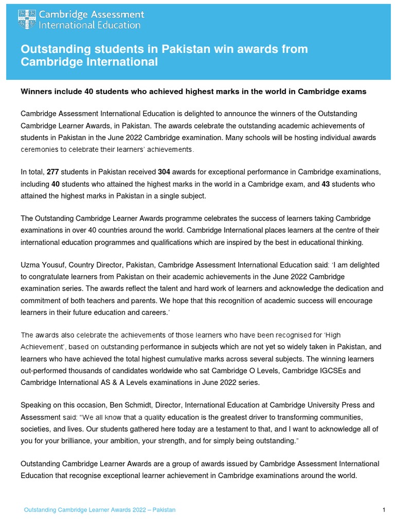 Outstanding Cambridge Awards 2022 Pakistan | PDF | Schools | Student ...
