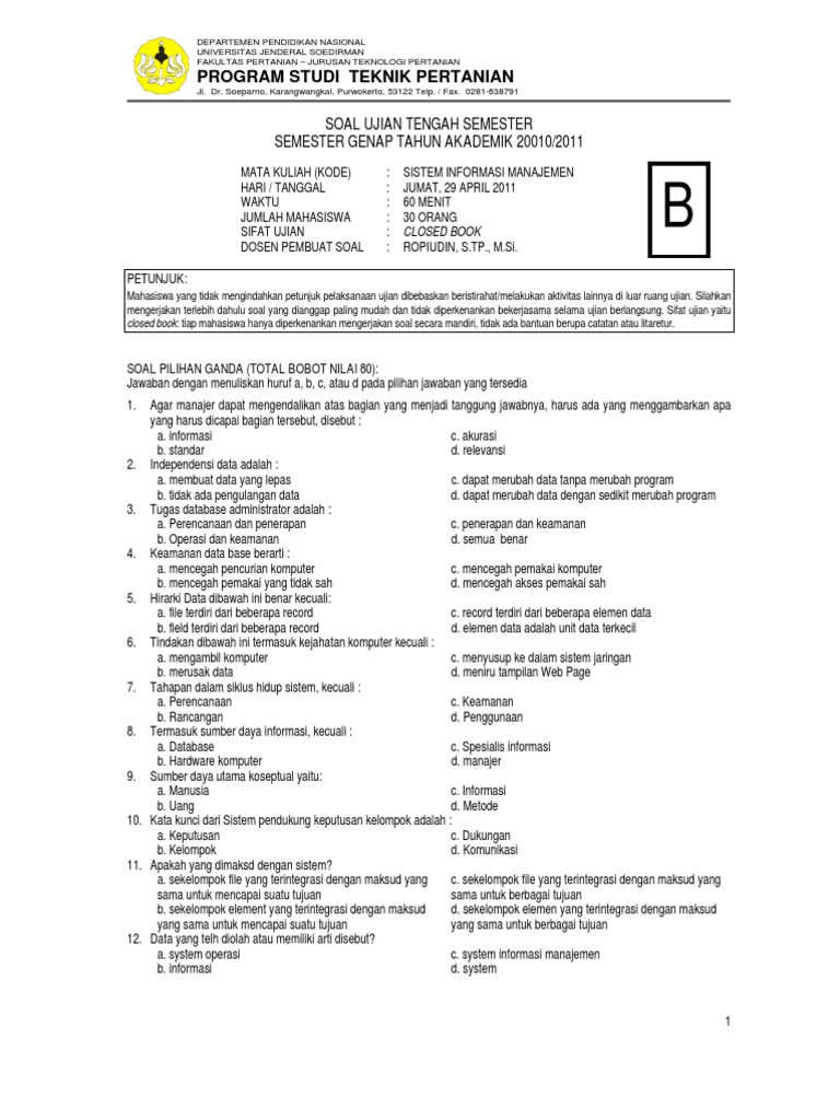 Soal Uts Sim 2011 Tipe B