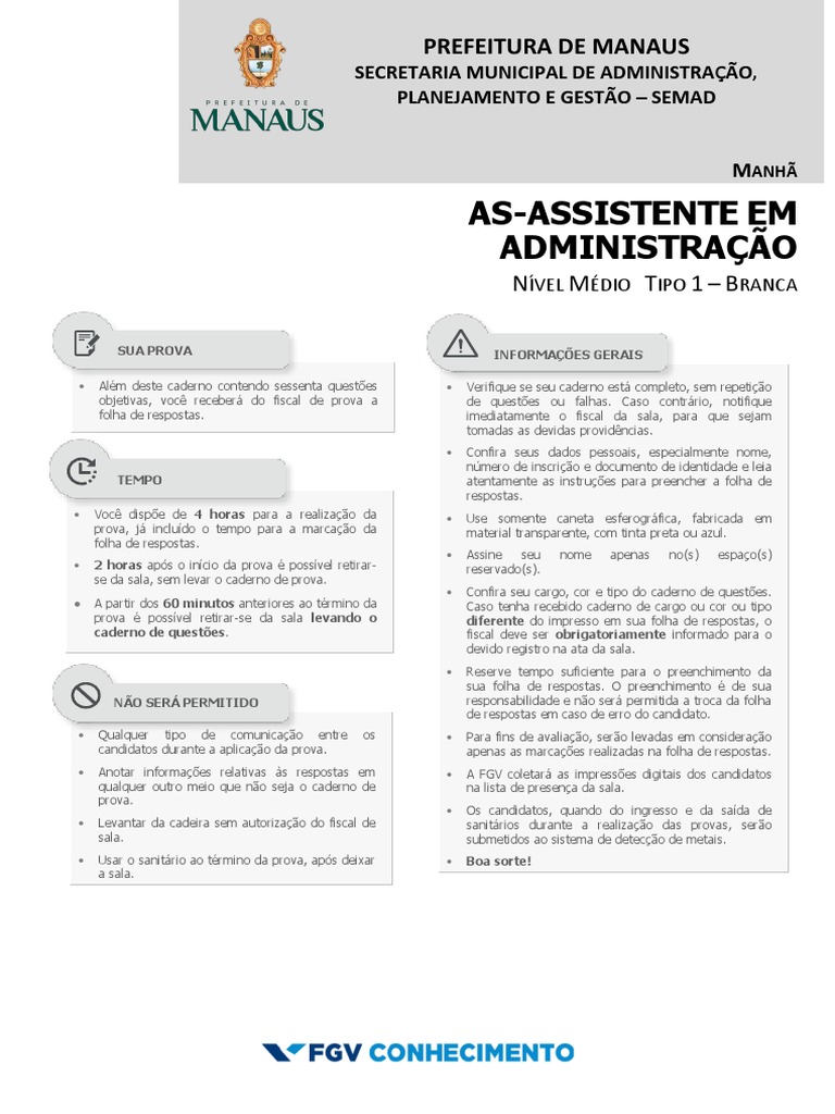 Prova para Assistente em Administração da Prefeitura de Manaus ...