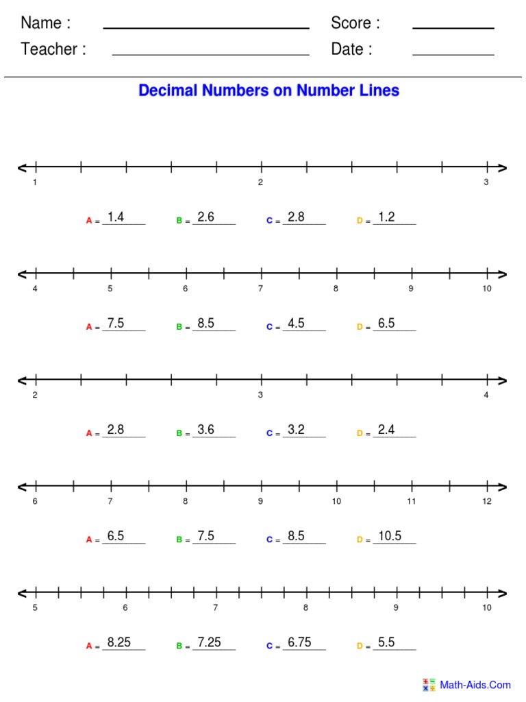 Number Lines Decimals Worksheet PDF