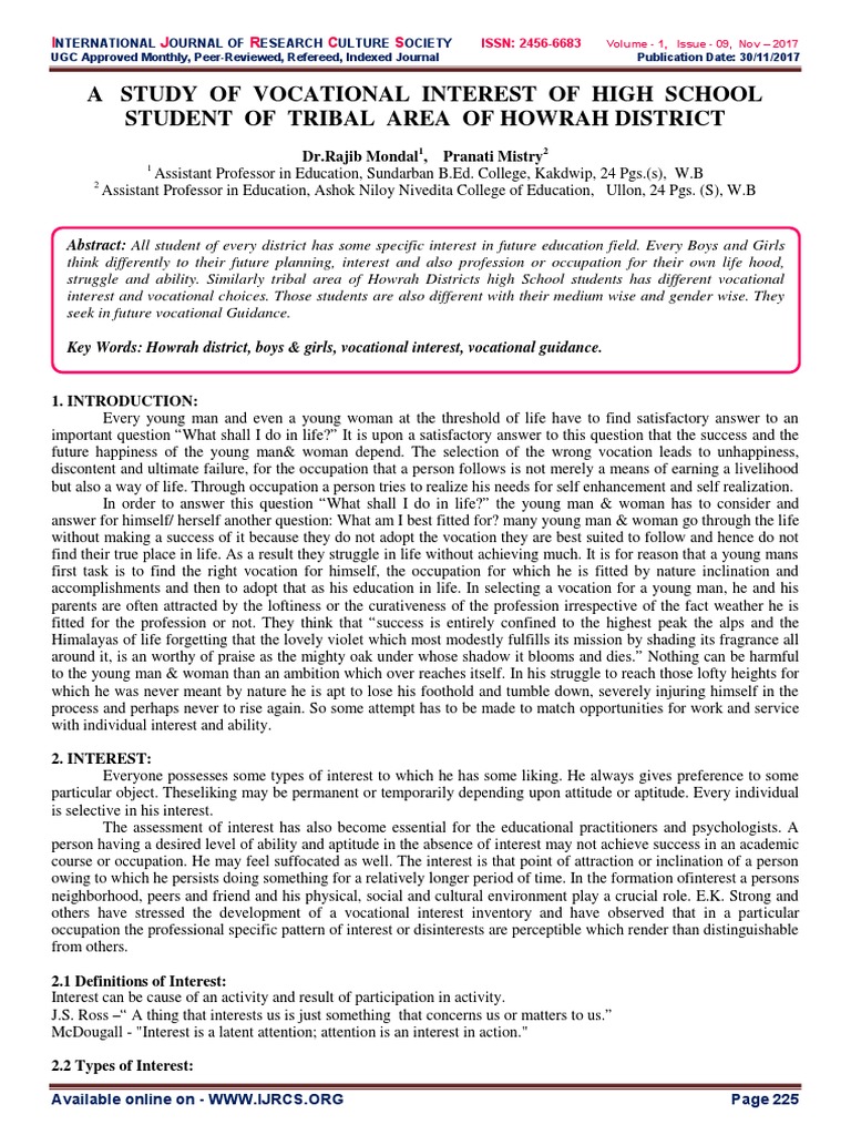 A Study of Vocational Interest of High School Student of Tribal Area of