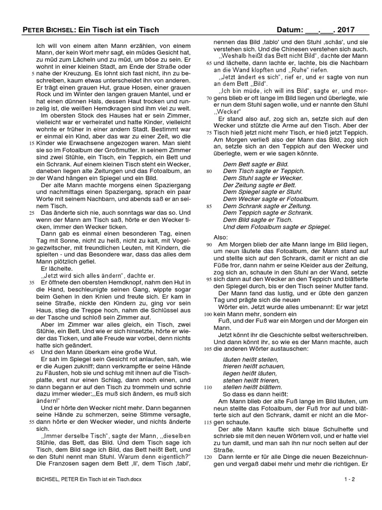 BICHSEL, PETER Ein Tisch Ist Ein