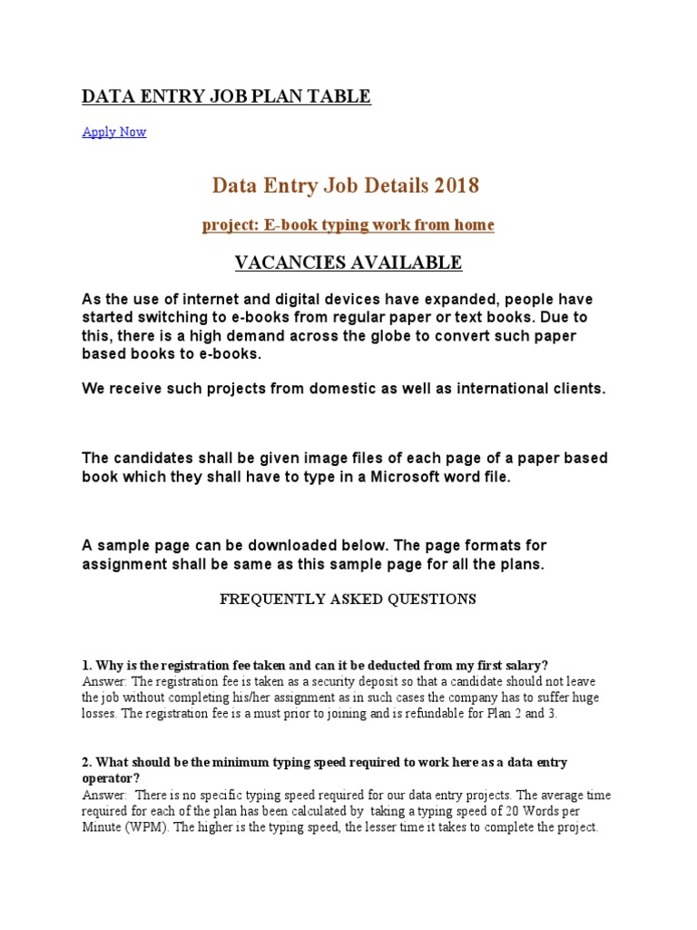 Data Entry Job Plan Table PDF