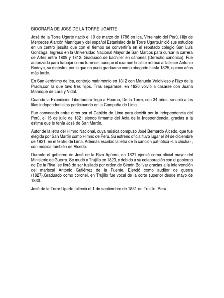 Biografía de José de La Torre Ugarte | PDF