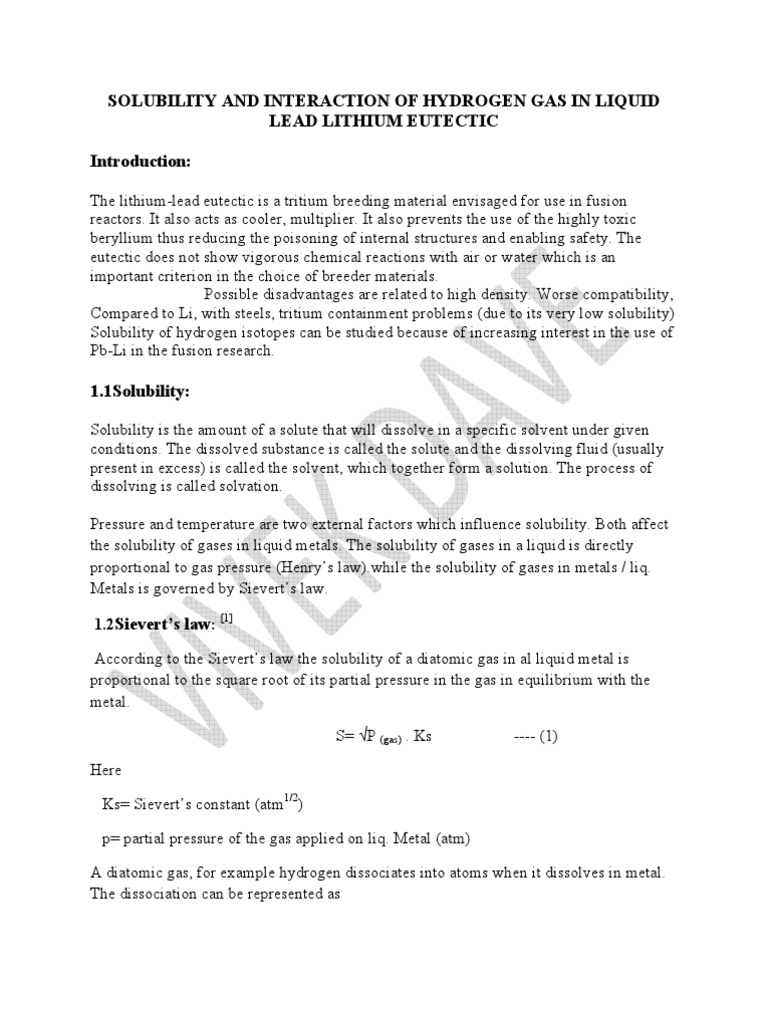 Hydrogen Solubility in Liquid Pb-Li Eutectic | PDF | Solvation | Solubility