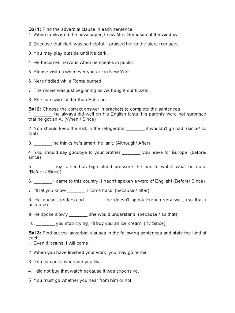 Adverbial Clauses and Exercises | PDF | Language Arts & Discipline