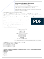 Avaliação Bimestral em Geografia 7º Ano 2º Bimestre