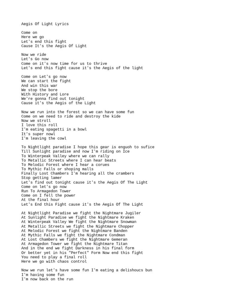 Aegis of Light Lyrics PDF