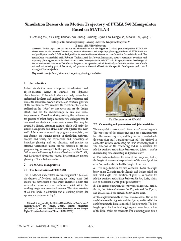 Simulation Research On Motion Trajectory of PUMA 560 Manipulator Based ...