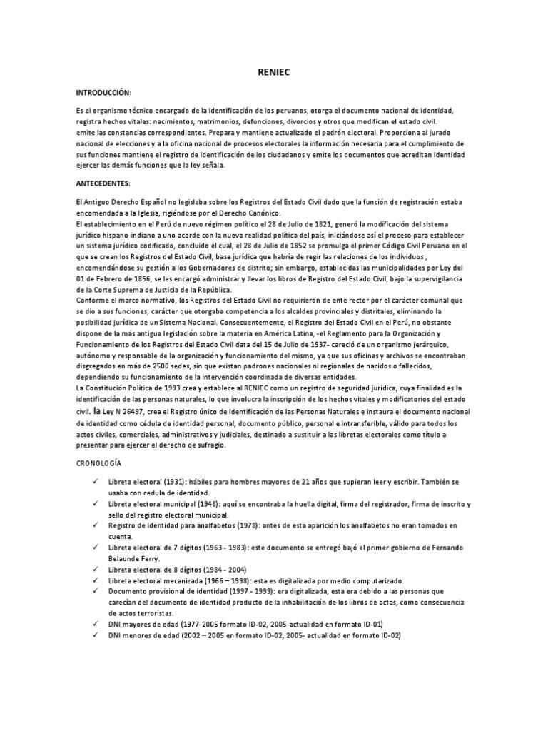 Historia y Funciones del RENIEC Perú | PDF | Gobierno | Justicia